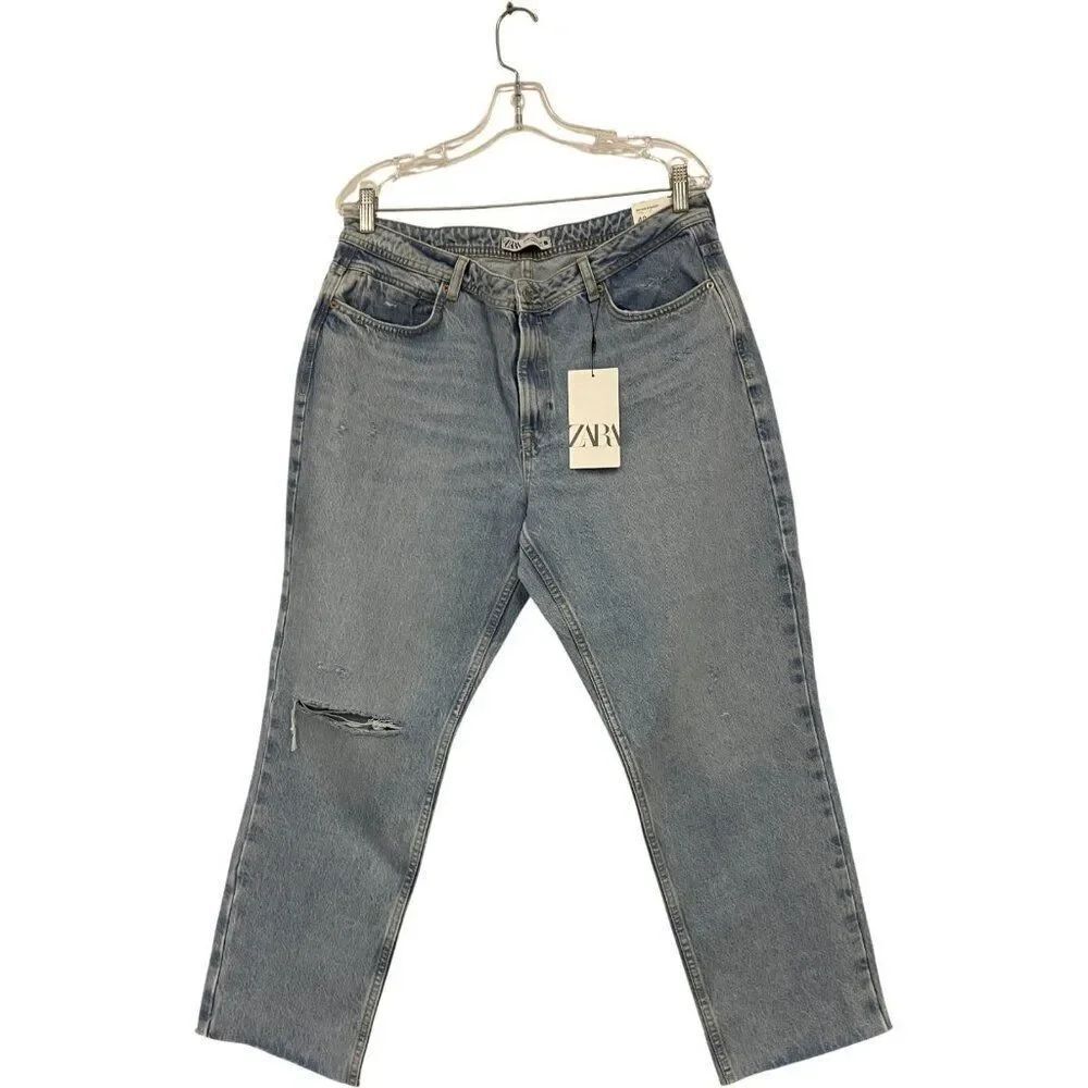 Zara Womens Jeans UK 14 US 10 Blue Mid Rise Straight Distressed 6164/080 NWT